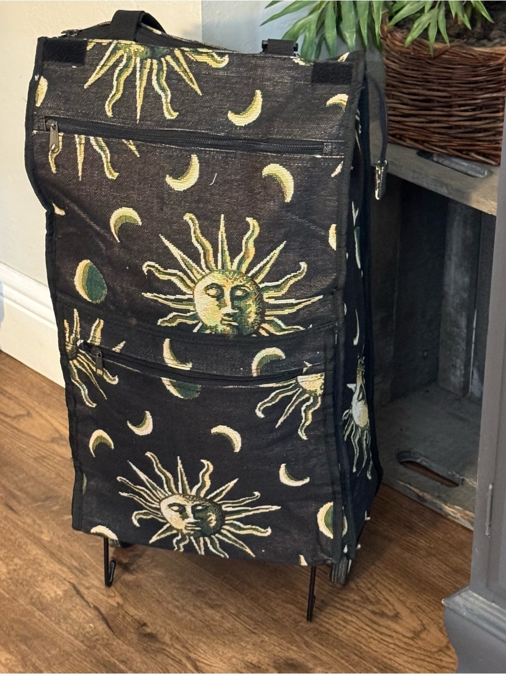 Celestial Sun Moon Tapestry Rolling Foldable Travel Bag Boho Whimsigoth Vintage